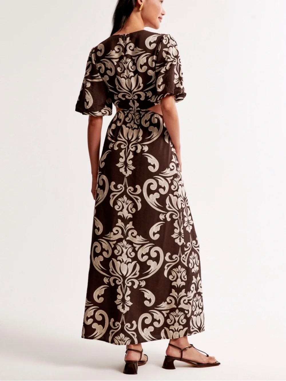 Short Sleeve Brown & Cream Cutout Maxi Dress